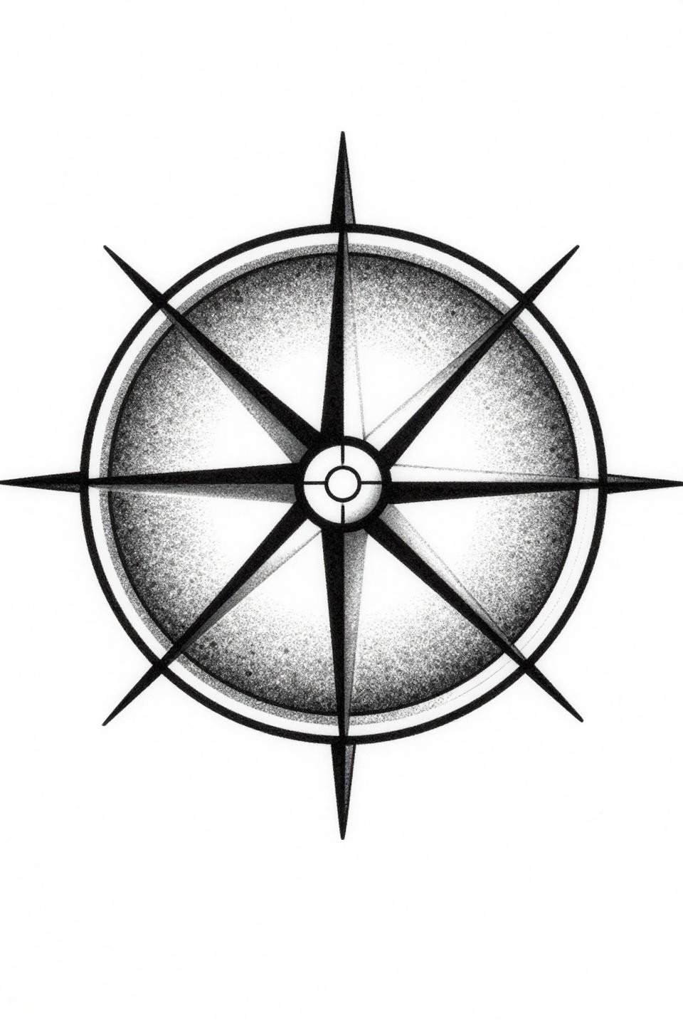 back of ear tattoo geometric compass rose flash, stipple dot gradient dense to open, eight-point star, fine line dotwork mandala circular composition on white paper