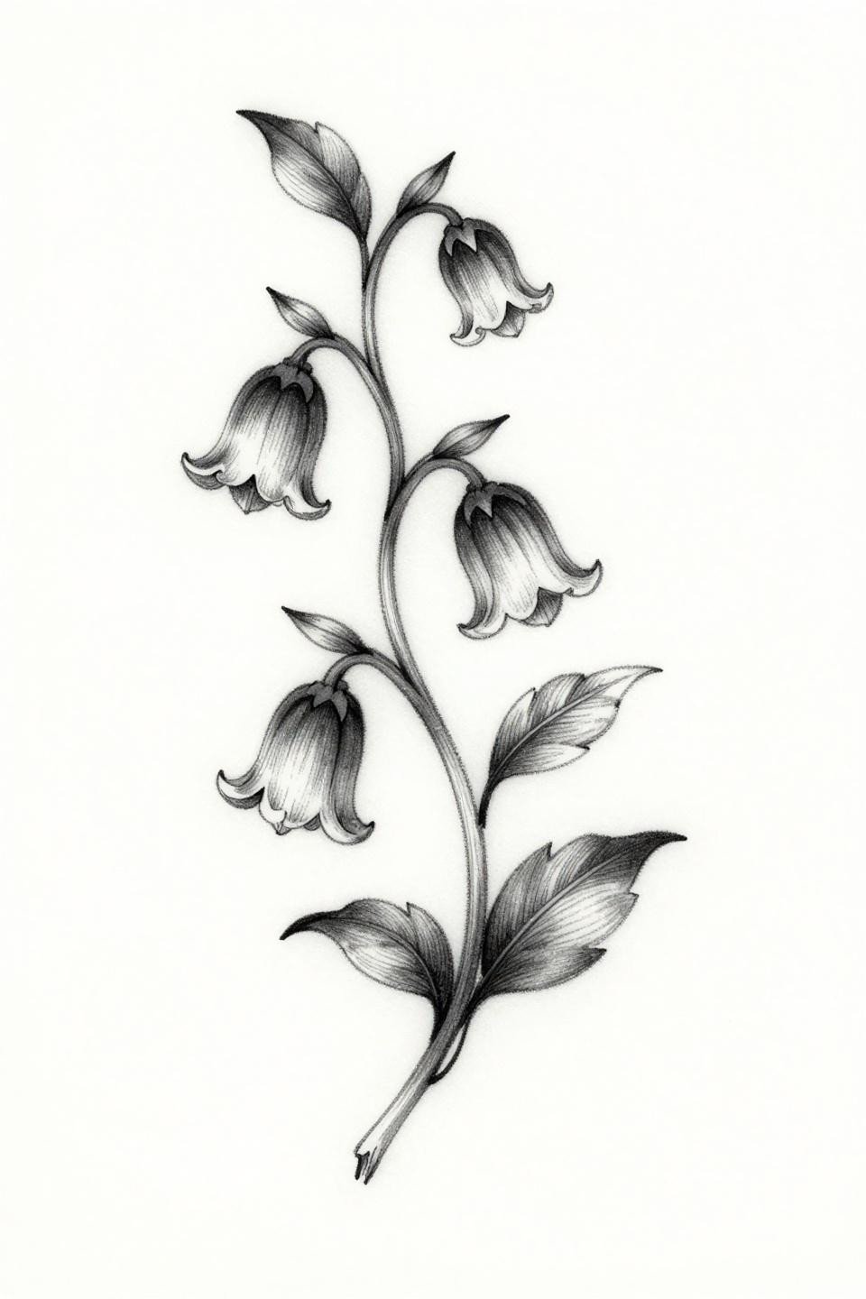 back of the ear tattoo botanical vine flash, scientific illustration style, hairline single needle strokes, bell flowers paired leaves, asymmetric diagonal composition, weight variation stem taper