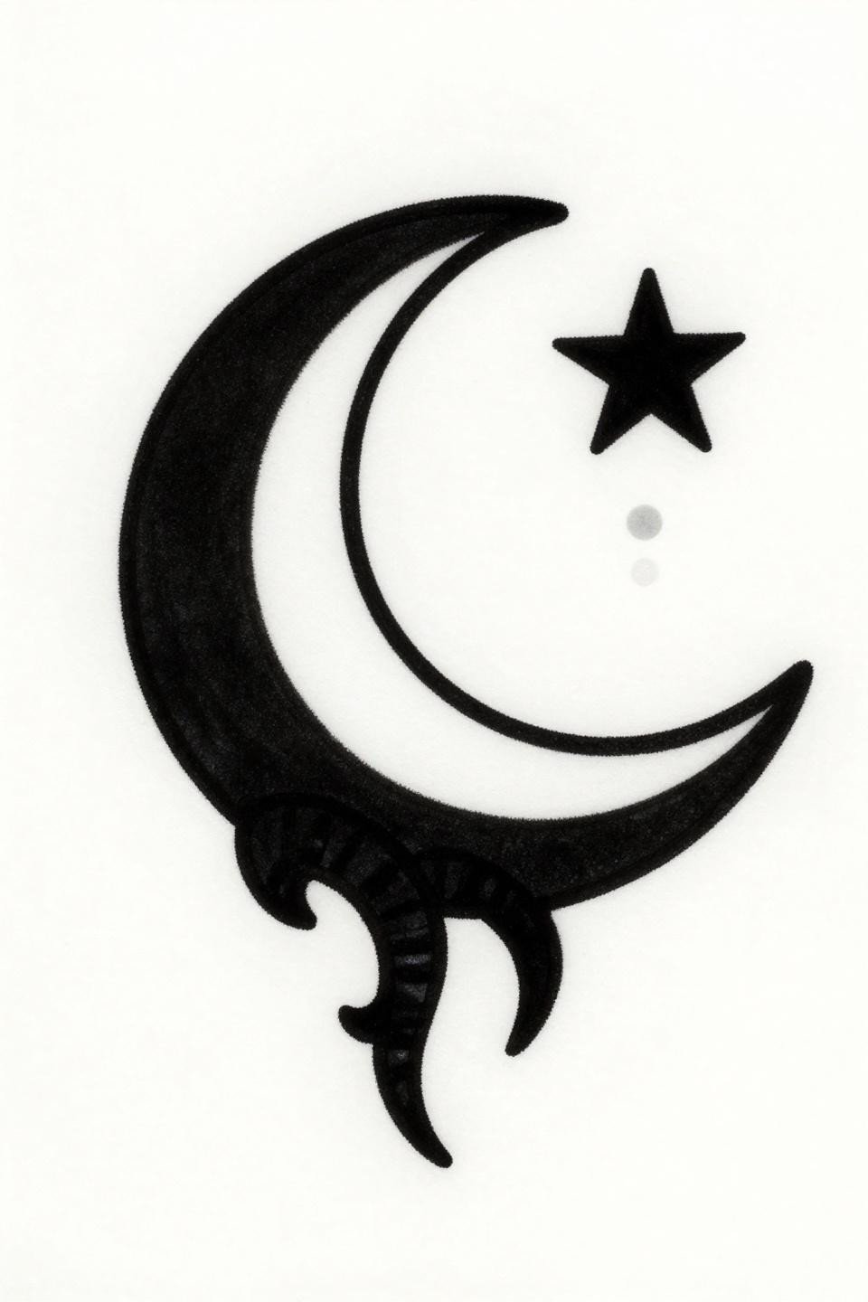 tattoos for women behind ear art nouveau crescent moon star flash, bold black outlines flat fills, flowing organic edges, small star accent, white paper catalog illustration