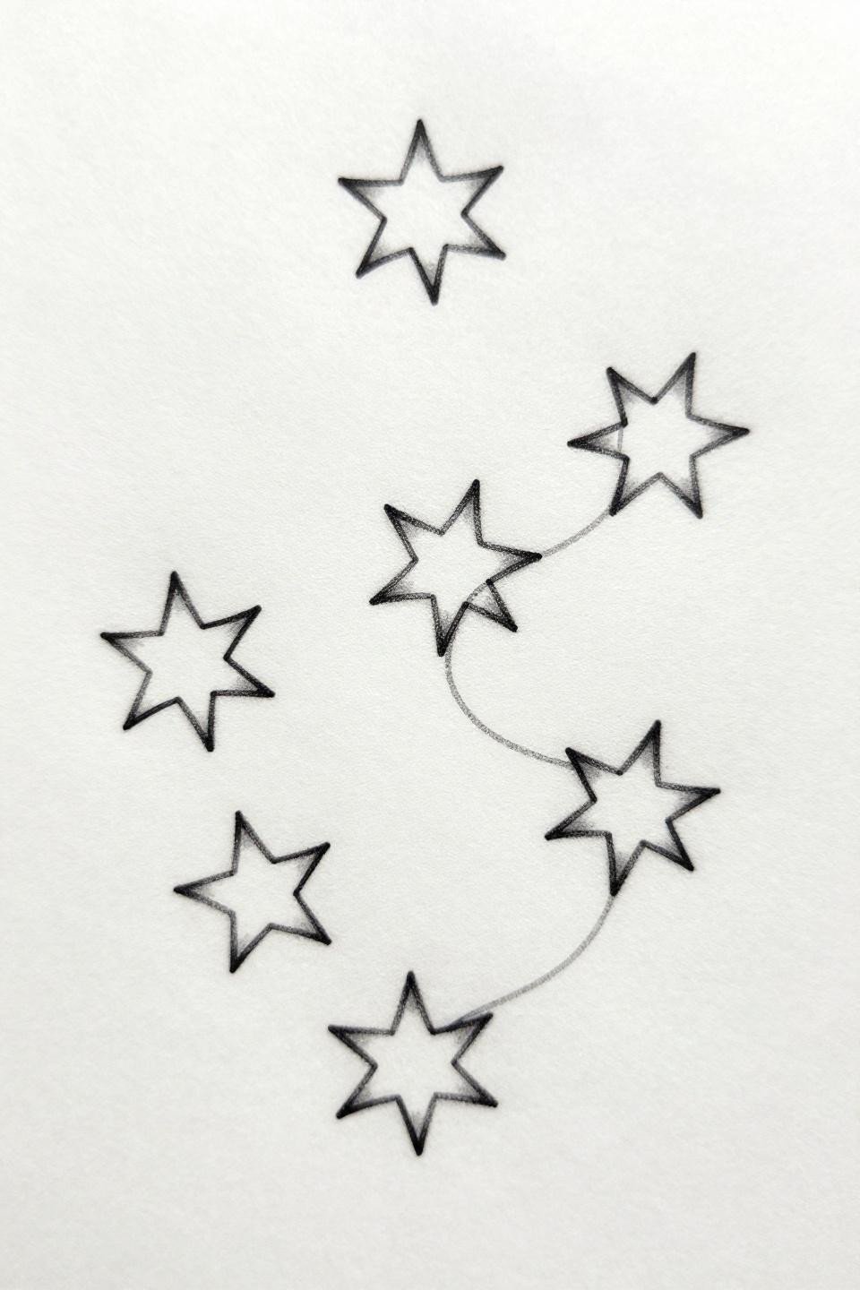 meaningful tattoo scattered stars continuous line flash, hairline 0.5mm single needle strokes, open negative space, asymmetric star field composition on white paper, fine line style