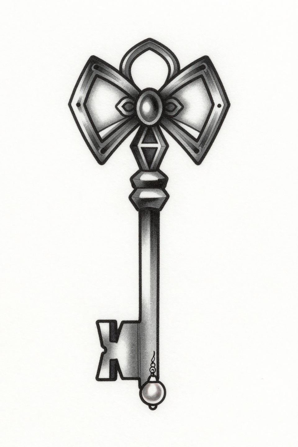 small neck tattoo skeleton key art deco flash, bold 2-3pt black outlines, flat ink fills, filigree geometric bow head, suspended teardrop chain detail on white paper