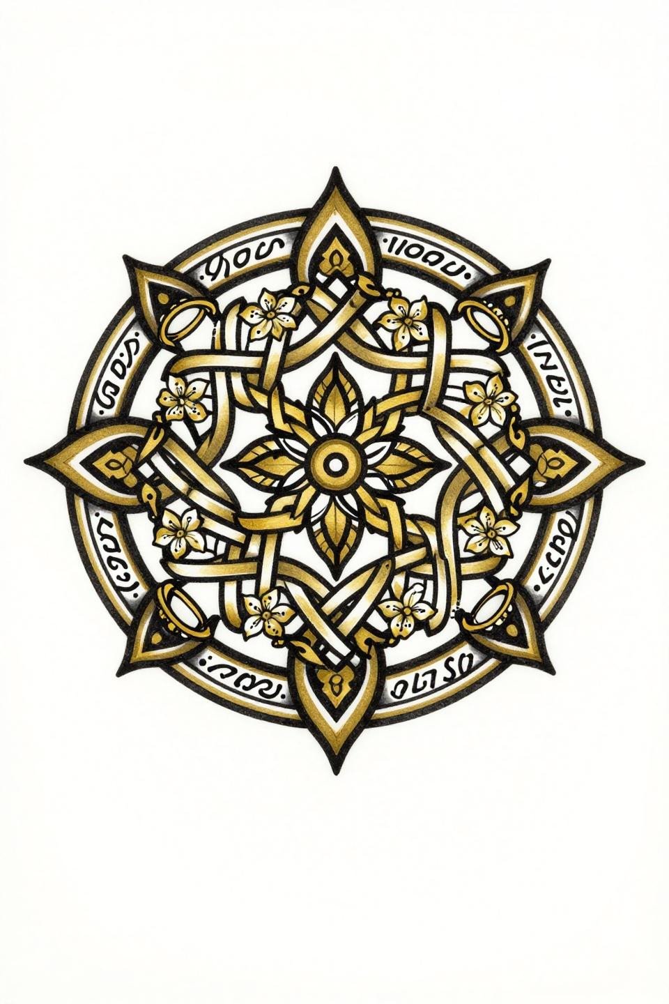 full hand Indian mehndi designs flash, Celtic knotwork mandala, interlocking knot bands geometric star points, jasmine florals vine lattice, bangle ring motifs, bold 2-3pt outlines flat gold fills