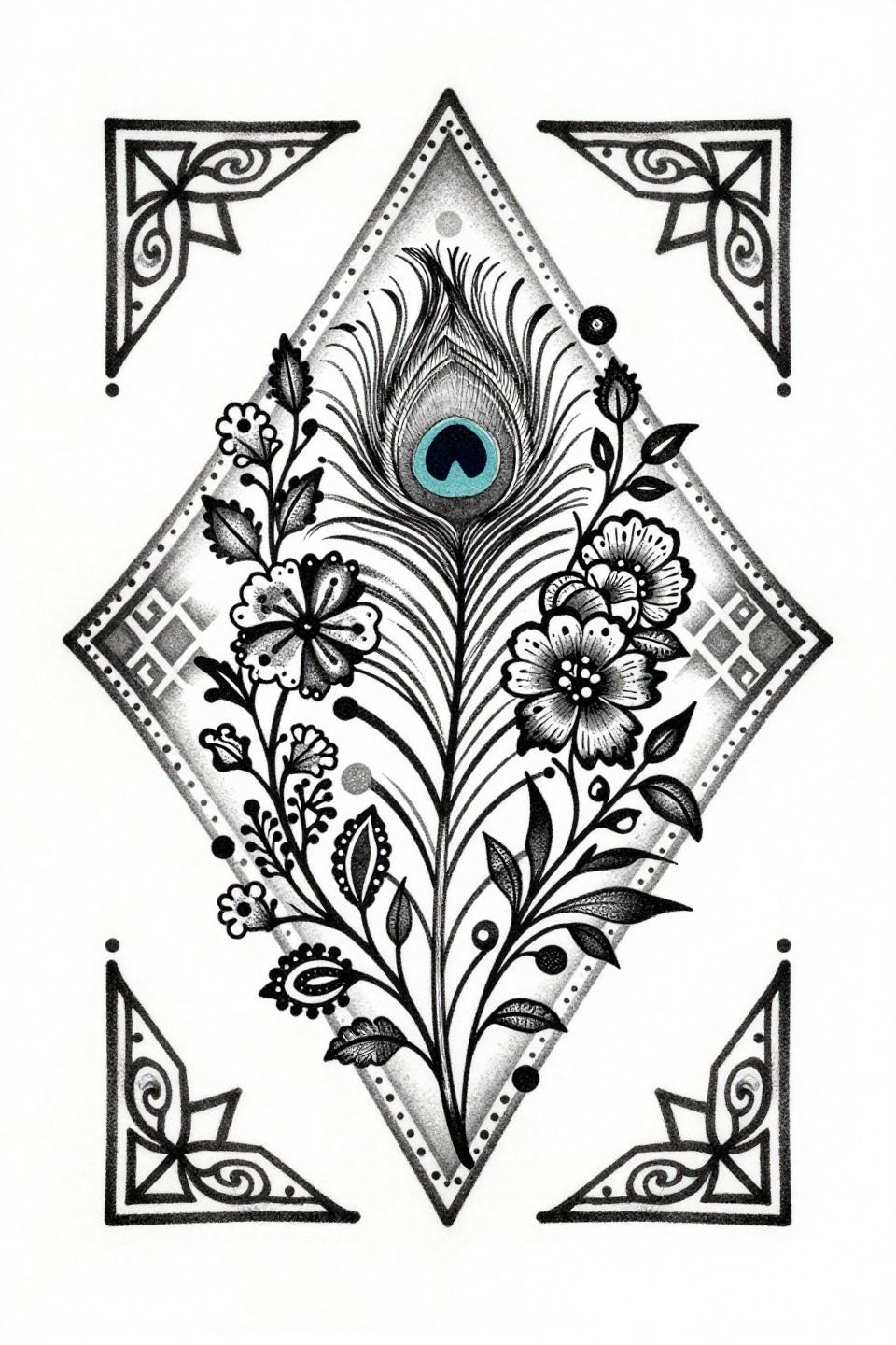 trending bridal mehndi designs flash, botanical scientific style peacock feather centerpiece, floral vine tendrils geometric lattice, paisley clusters four corners, hairline stipple dotwork, dense black dot gradients open negative space, grey wash midtones