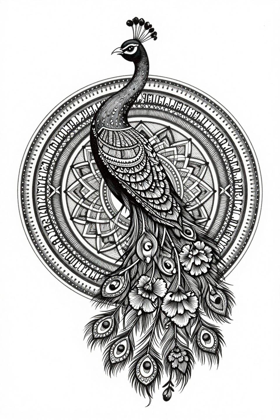 bridal mehendi designs latest flash, engraving style peacock tail feathers geometric lattice, crosshatch parallel line 0.5mm hatching, grey wash midtones, carnation blooms cardinal points