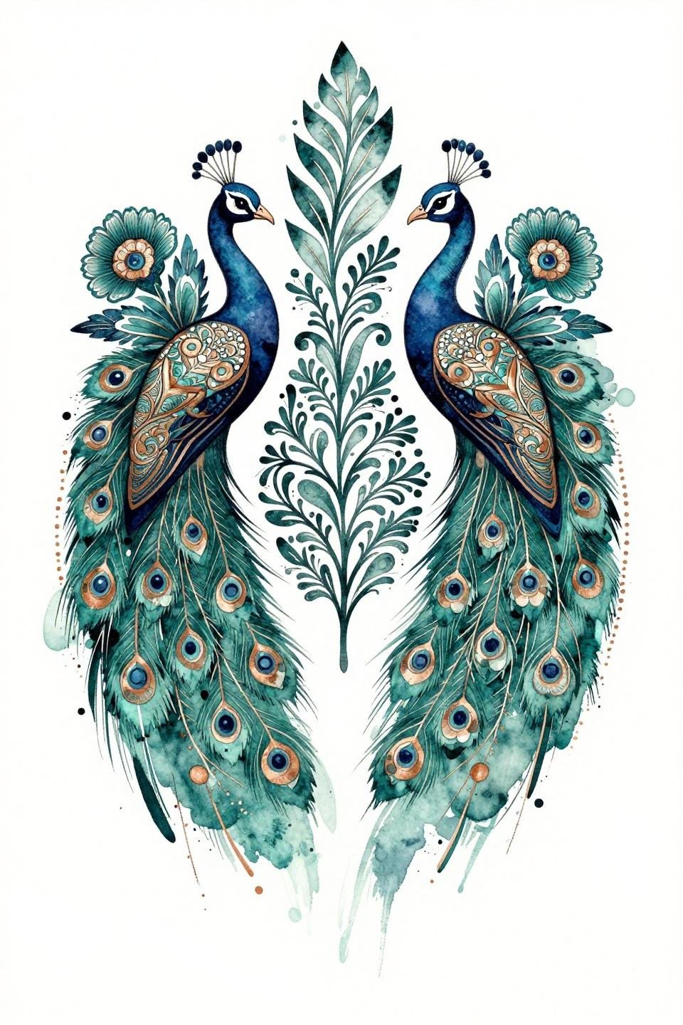 bridal mehendi designs latest flash, watercolor splash style bilateral peacock profiles mango leaf, gajra flower clusters, calligraphic marks wet ink quality, deep teal watercolor bleeds copper metallic accent linework