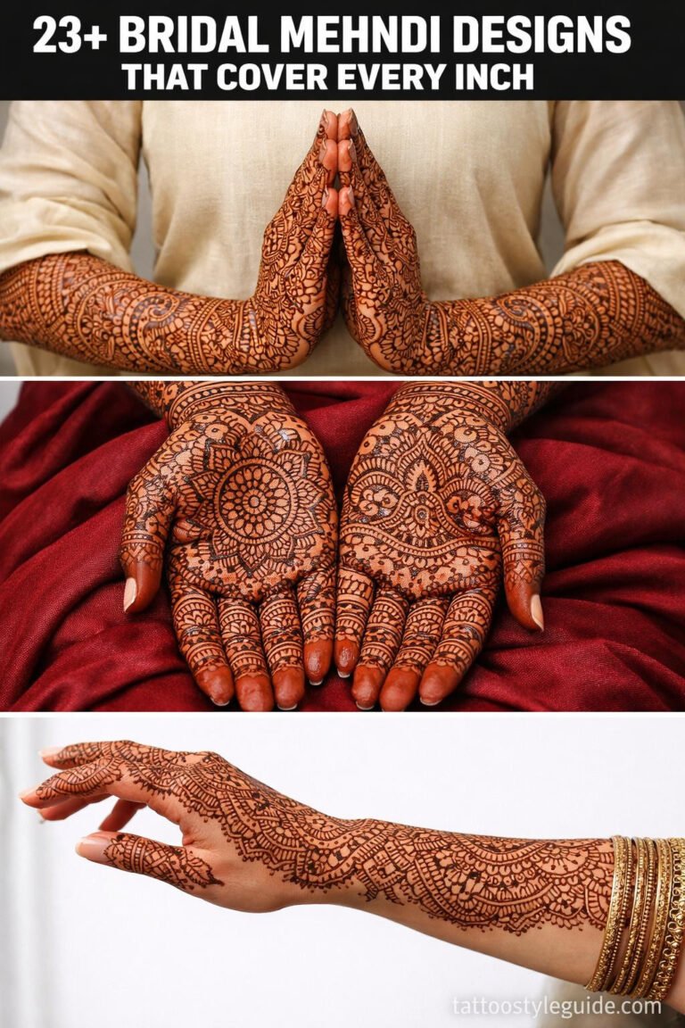 Bridal mehndi henna tattoo designs covering full hand and forearm, intricate geometric paisley and floral patterns with fine 0.5mm linework on medium to deep brown skin tones