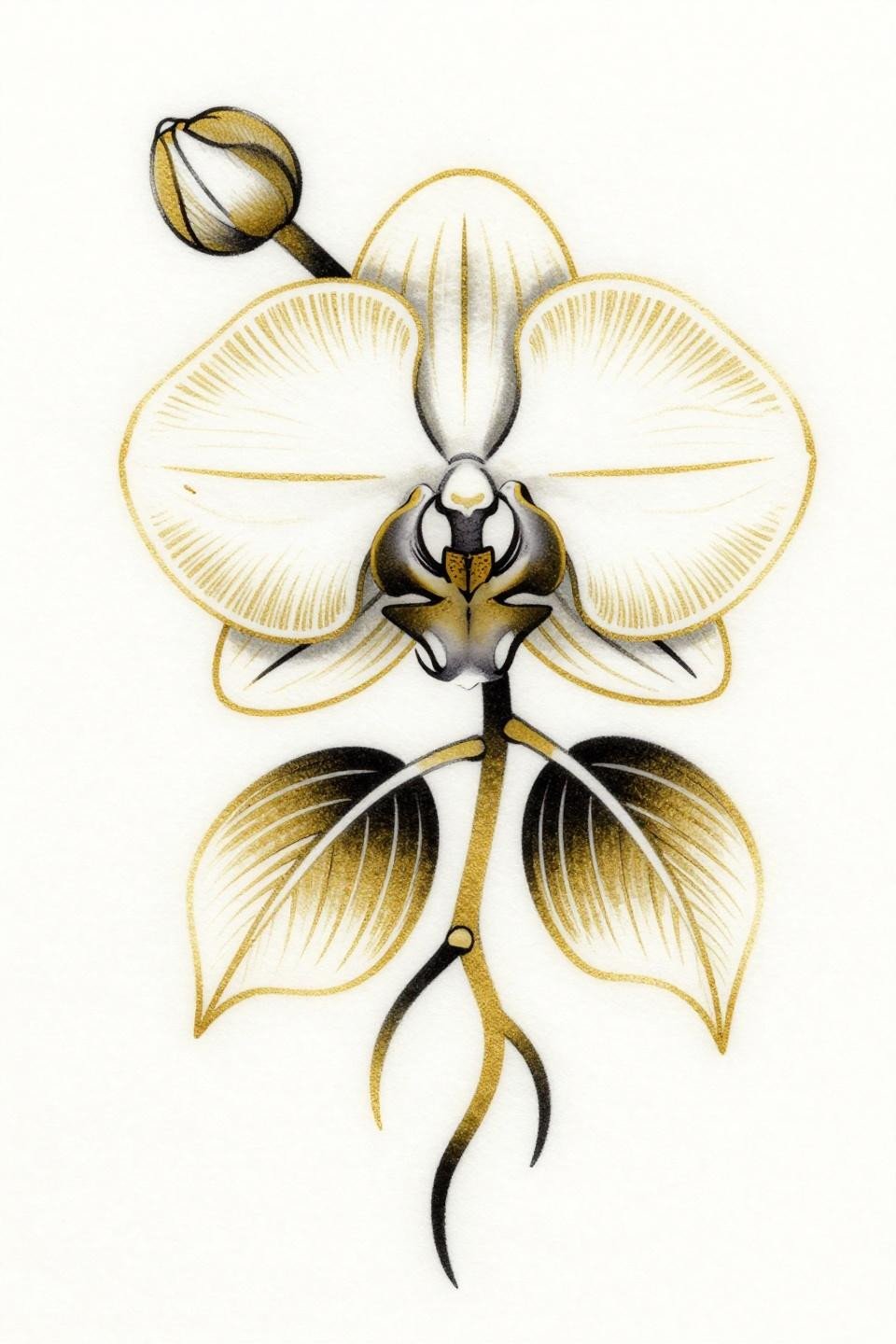 orchid tattoo art nouveau style flash, bold 2-3pt black outlines, flat gold fills, sinuous flowing linework, ornamental flourishes, bilateral symmetry