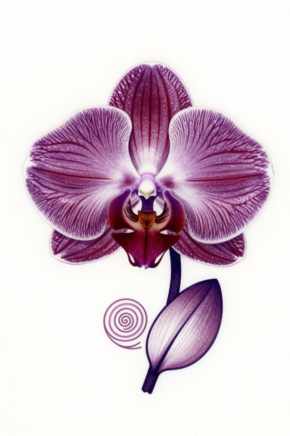 orchid tattoo single continuous line style flash, unbroken clean vector linework, deep indigo and crimson ink, circular mandala spiral composition, no fills