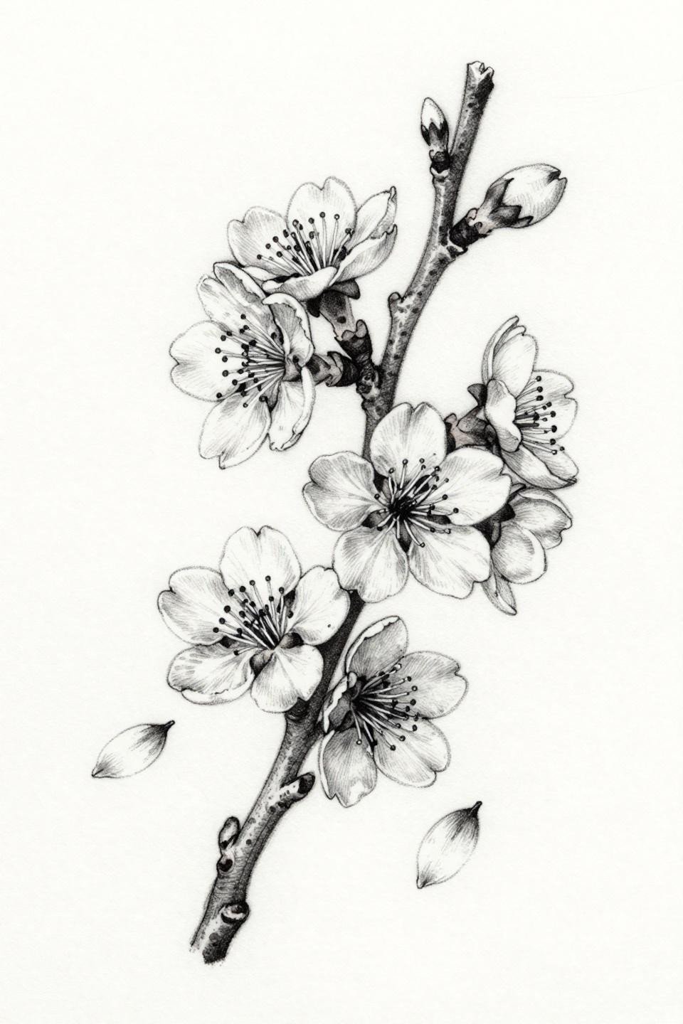 cherry blossom tattoo botanical scientific style flash, hairline 0.5mm single-needle strokes, open negative space, grey wash dilution midtones, asymmetric organic branch composition