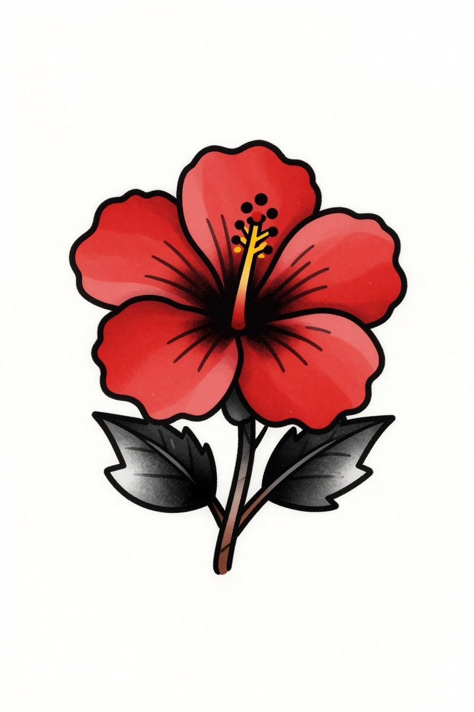 hibiscus flower tattoo neo-traditional style flash, bold 2-3pt black outlines, flat crimson red fills, bilateral symmetry, full frontal bloom, solid black ink