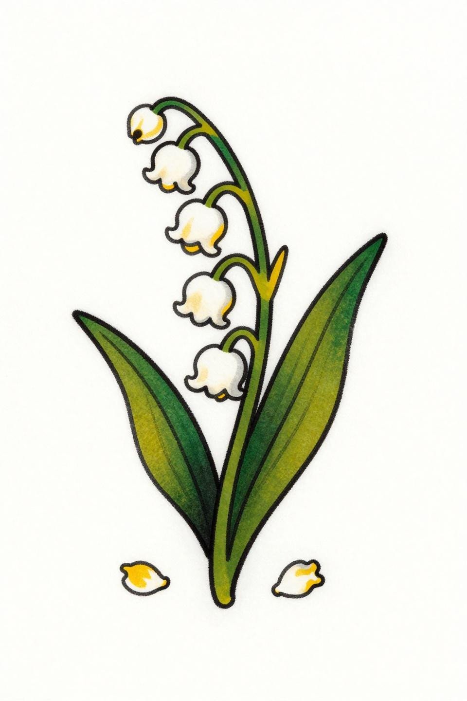lily of the valley tattoo flash, traditional American style, bold 2-3pt black outlines, flat cadmium white and forest green fills, stacked vertical composition