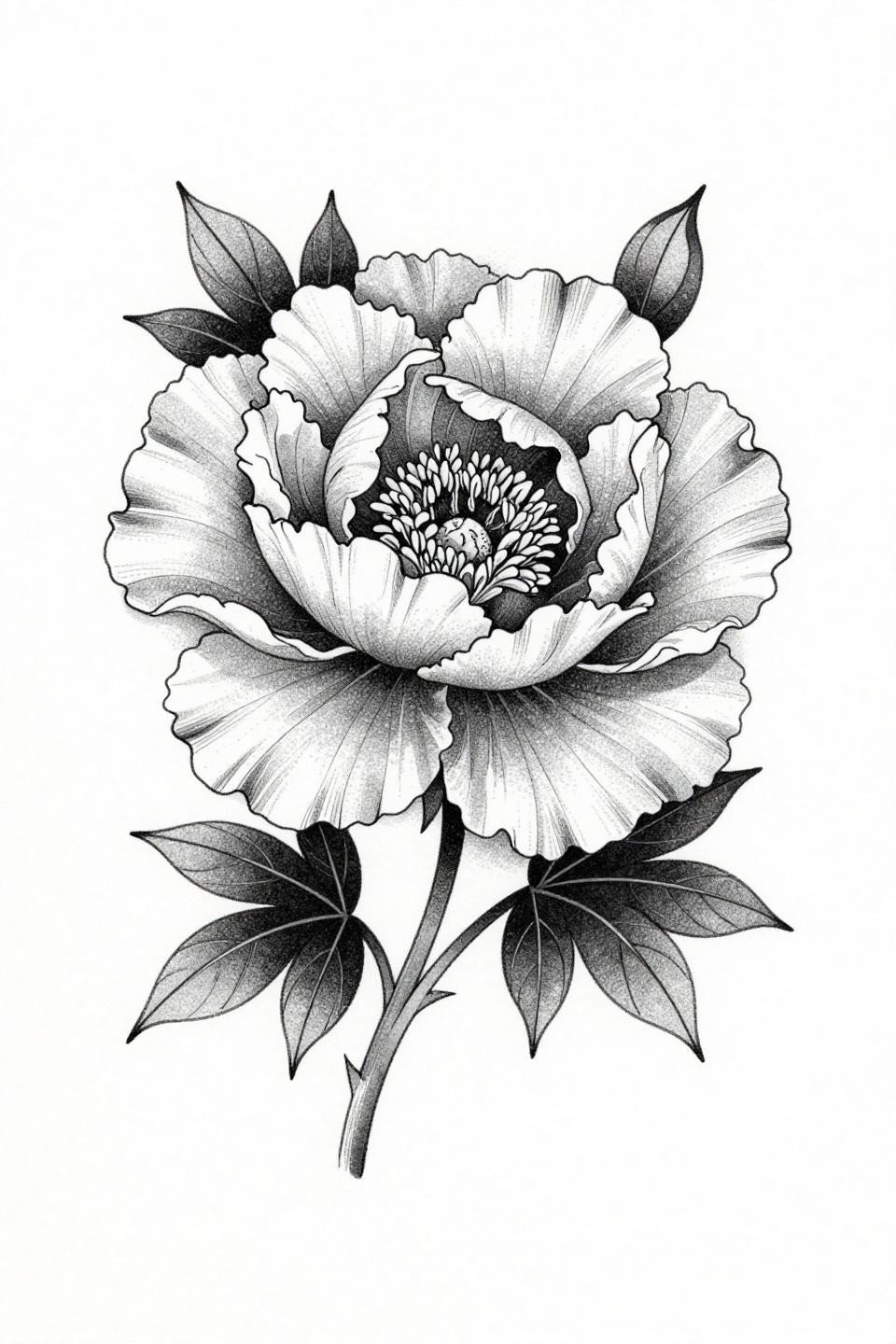 peony tattoo fine line minimal stipple flash, dense stipple dot gradient from center to open edges, no solid outlines, visible carpel cluster, single curved stem