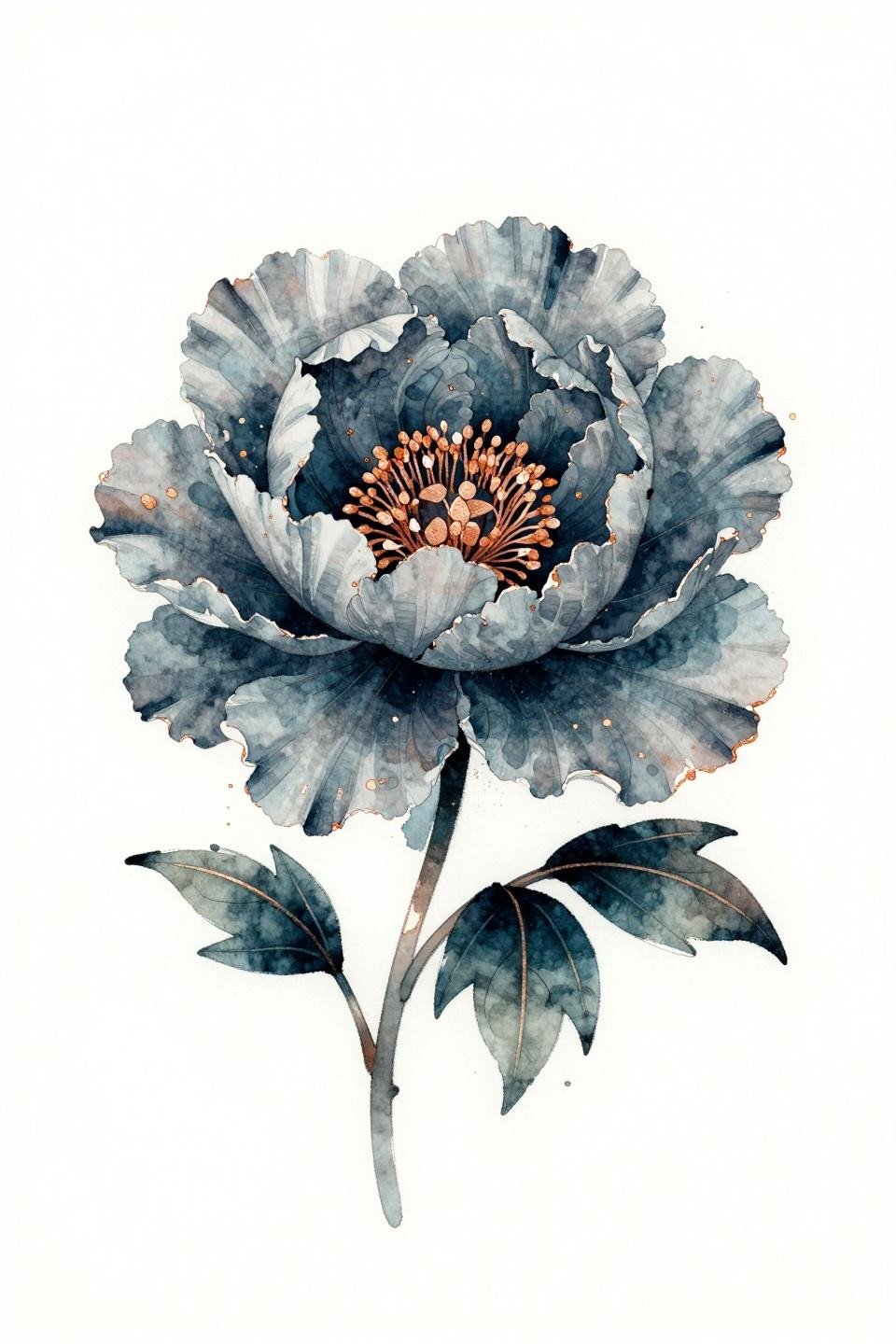 peony tattoo watercolor splash style flash, wet ink bleed edges, brush calligraphic marks, deep teal with copper metallic accent, three-quarter view, open washes