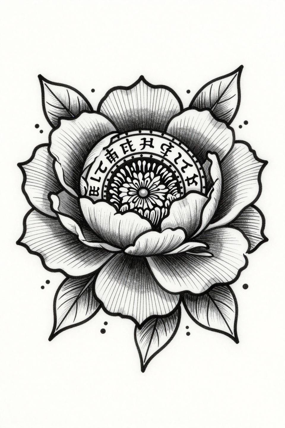 peony tattoo Sak Yant sacred geometry style flash, Buddhist script band, radiating parallel line patterns, bilateral symmetry, circular mandala composition