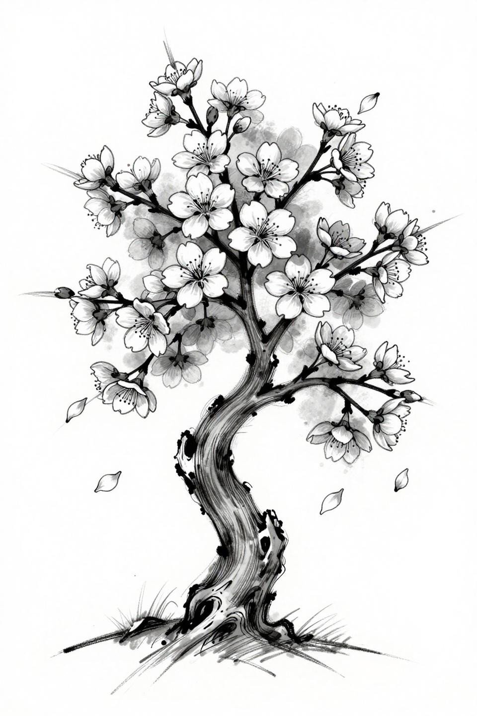 sakura tree tattoo sketch raw style flash, asymmetric spreading branches, dense five-petaled blossom clusters, aggressive whip shading strokes, grey wash midtones