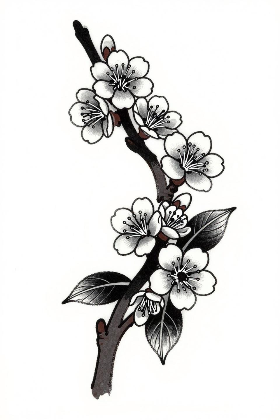 sakura flower tattoo Japanese irezumi style flash, bold 2-3pt black outlines, brush stroke quality, asymmetric diagonal branch, grey wash midtones, varied bloom stages