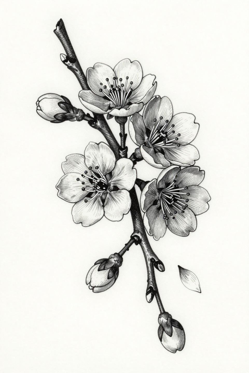 cherry blossom branch tattoo etching woodcut style flash, parallel line engraving crosshatch shadow depth, fine 0.3mm ruled strokes, varied bloom stages, asymmetric diagonal flow