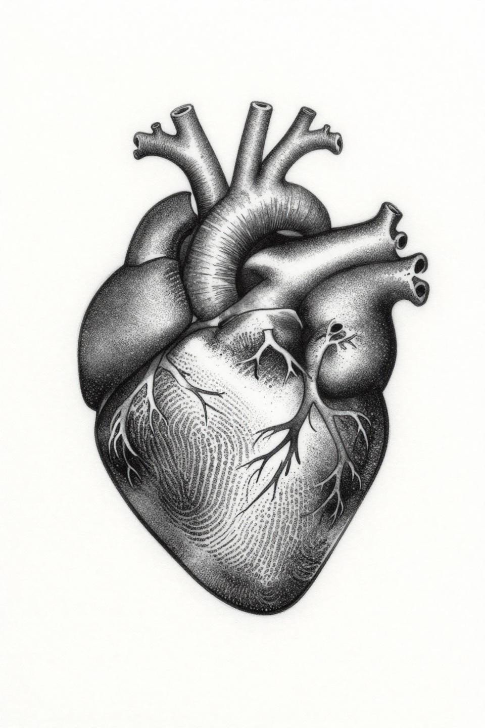corazon tattoo anatomical heart blackwork dotwork flash, stipple gradient dense core to open edges, fingerprint whorl left ventricle, coronary artery radial branches, no solid outlines
