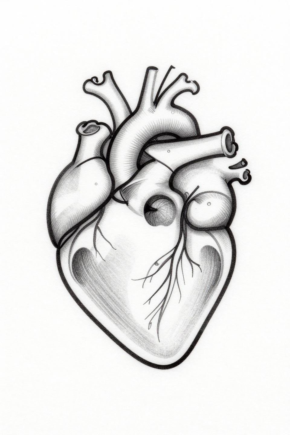 corazon tattoo single continuous line anatomical heart flash, unbroken hairline 0.5mm contour, visible ventricles aortic arch, no shading no fill, dense black ink white ground