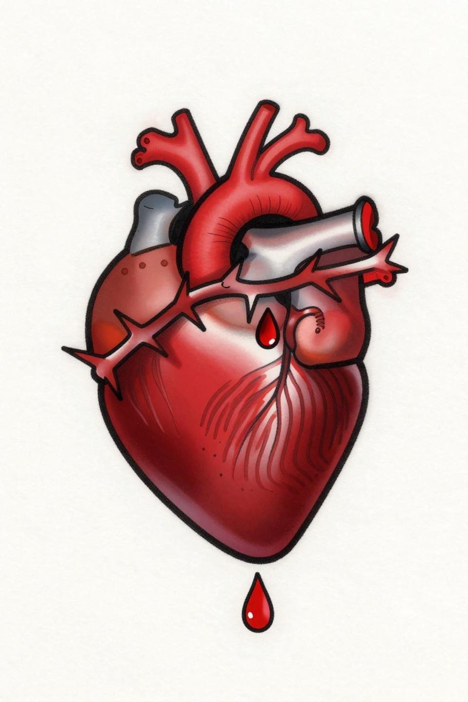 corazon tattoo old school sailor style anatomical heart flash, fingerprint ridge right ventricle, bold 4pt black outlines, flat crimson red fills, sharp thorn crown blood droplet