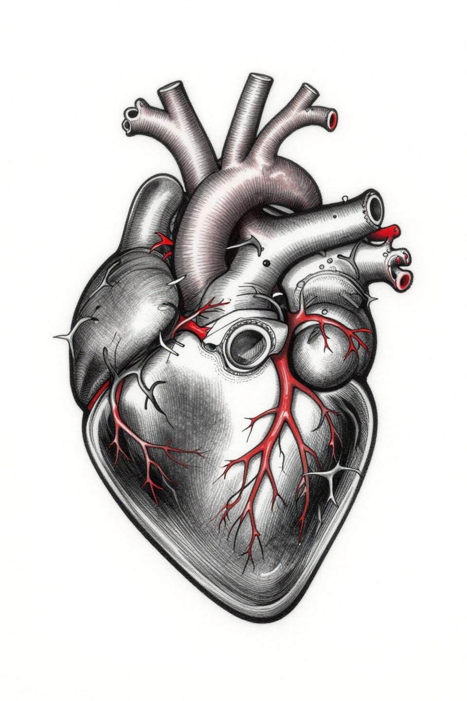 corazon tattoo anatomical heart cross-section botanical scientific flash, four chambers visible, hairline etching crosshatch, thorny vine exterior, crimson accent vessels black structure