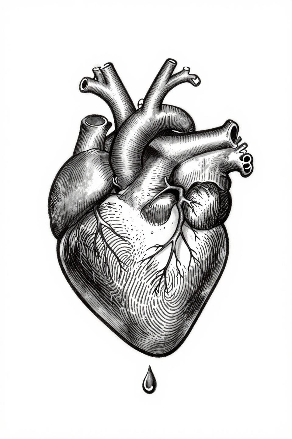 corazon tattoo botanical scientific engraving flash, parallel line crosshatch etching, fingerprint arch ventricle texture, hairline coronary vessel branching, clinical diagram precision