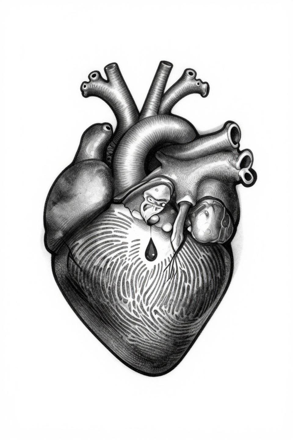 corazon tattoo chicano grey wash flash, triangular composition, fingerprint ventricle texture, whip shading dense to open midtone gradient, skeletal base forms