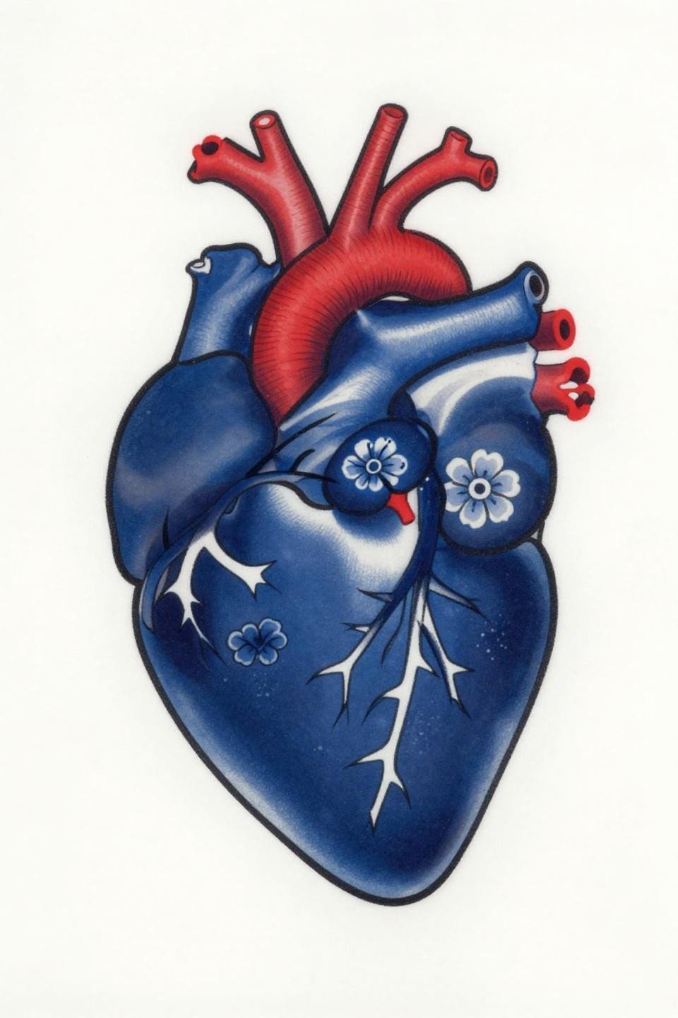 corazon tattoo Japanese Irezumi flash, anatomical heart pulmonary branches, thorned botanical vines, deep indigo crimson fills, bold 2-3pt black outlines asymmetric composition