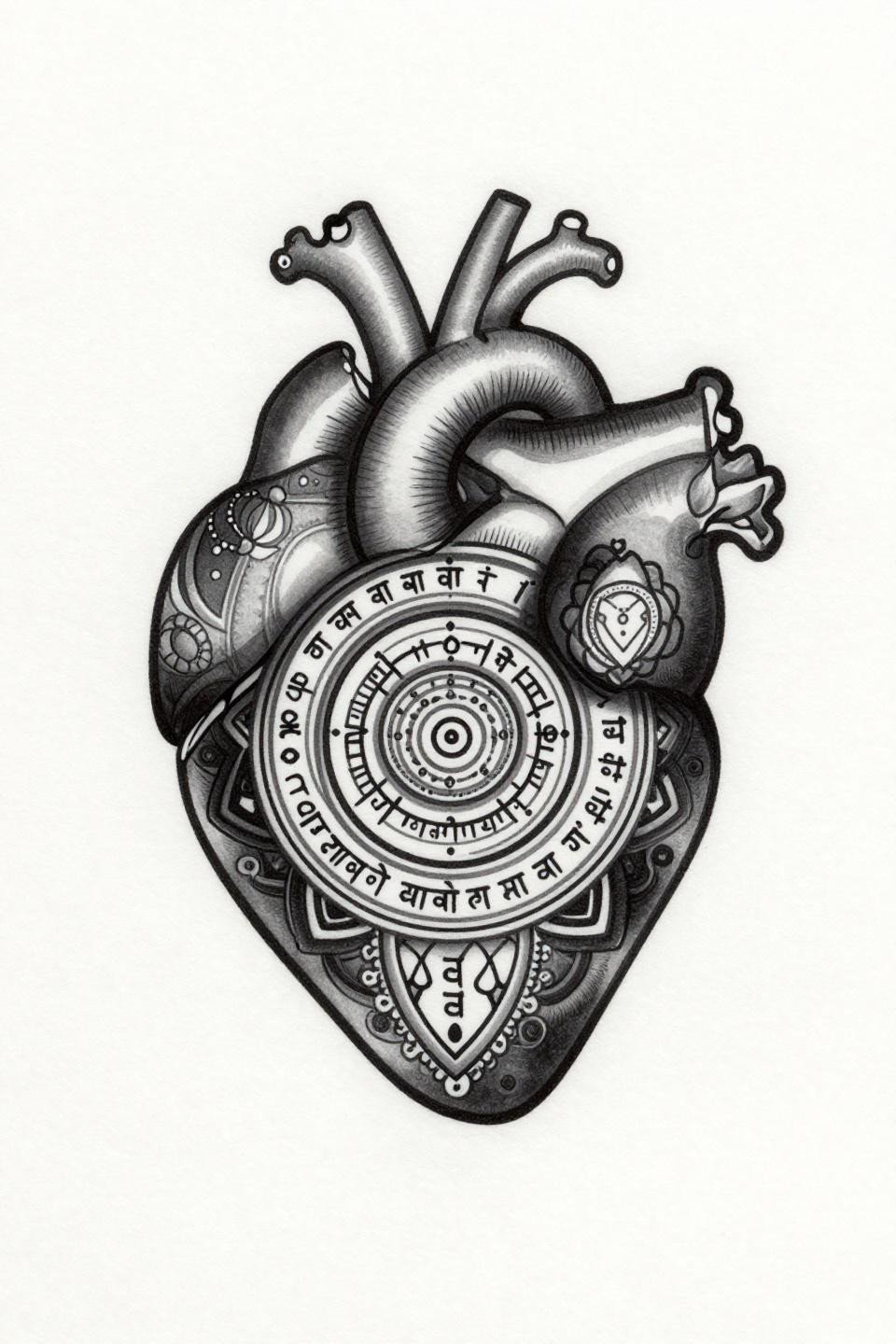 corazon tattoo Sak Yant sacred geometry flash, concentric protective circles ventricle inscription, Sanskrit characters radiating aorta, lotus blossom apex, radial symmetry bold 2-3pt outlines