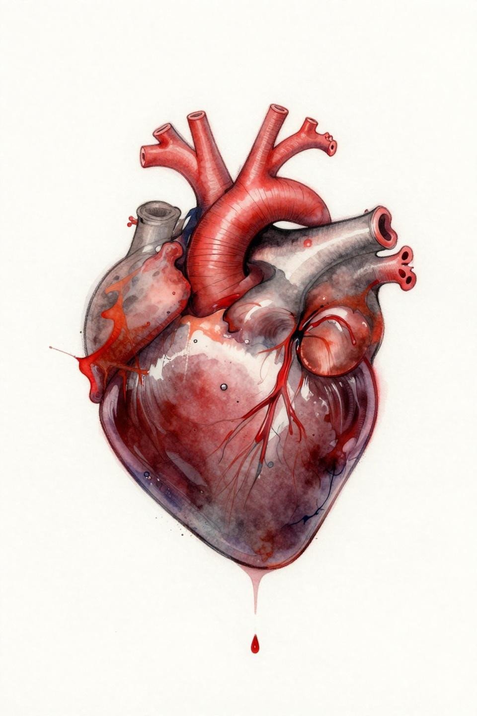 corazon tattoo watercolor splash flash, translucent crimson coral wash, fingerprint ridge pattern through pigment layers, open diffusion edges, calligraphic ink marks