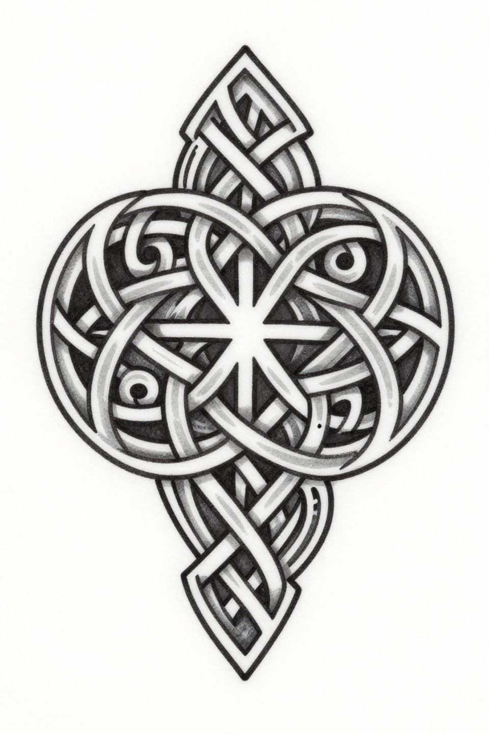 corazon tattoo Celtic knotwork sacred heart flash, interlocking knotwork mandala border, triple spiral triskelion ventricles, cross apex, negative space geometric rhythm bold 2-3pt outlines