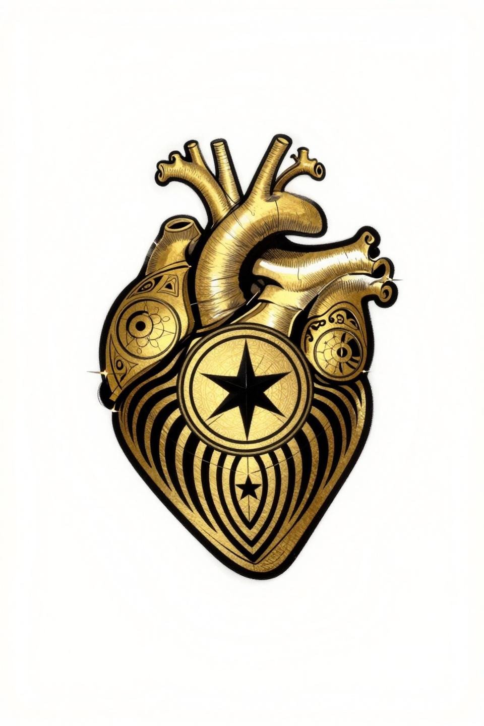 corazon tattoo art deco sacred geometry flash, concentric circles ventricle inscription, six-pointed star apex, radial mandala arterial pattern, flat gold black palette