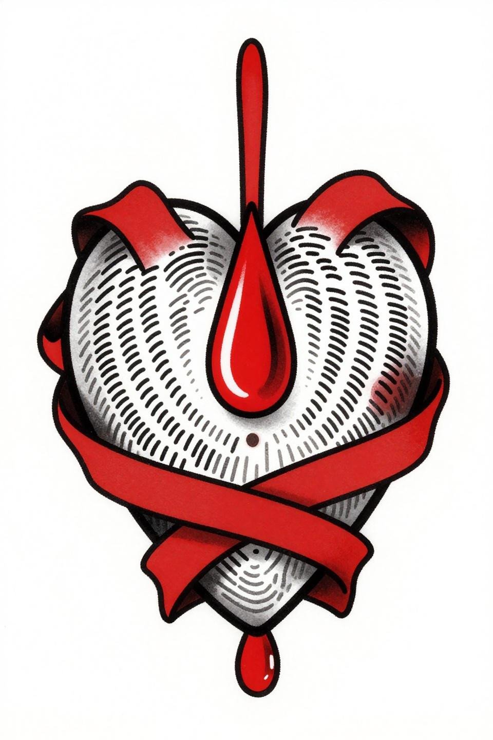 corazon tattoo traditional American sacred heart flash, fingerprint whorl epicardium texture, bold 2-3pt black outlines, flat crimson red fills, ribbon banners diamond frame