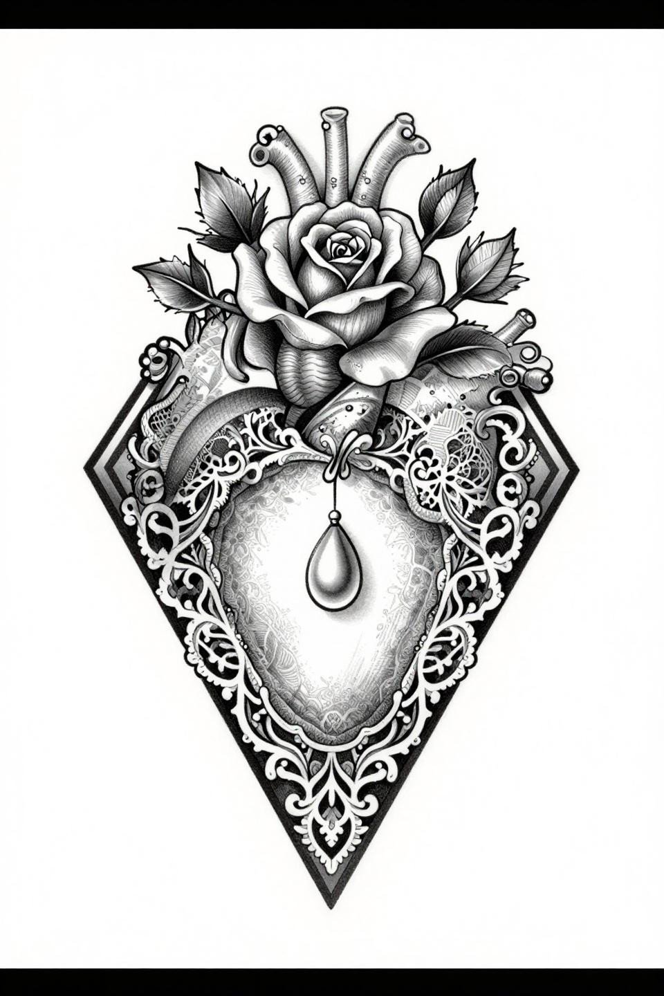 corazon tattoo chicano grey wash sacred heart stencil flash, filigree lace ventricles, rose stems apex, diamond frame, whip shading soft tonal gradient no solid outlines