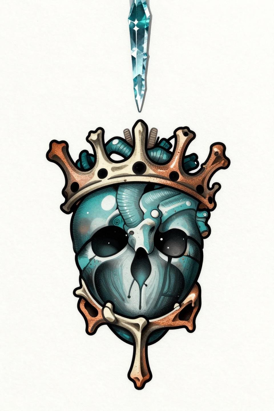 corazon tattoo ignorant style sacred heart flash, skeletal bone crown, crystalline icicle apex, bold 3pt black outlines, deep teal copper metallic fills, deliberate crude bilateral symmetry