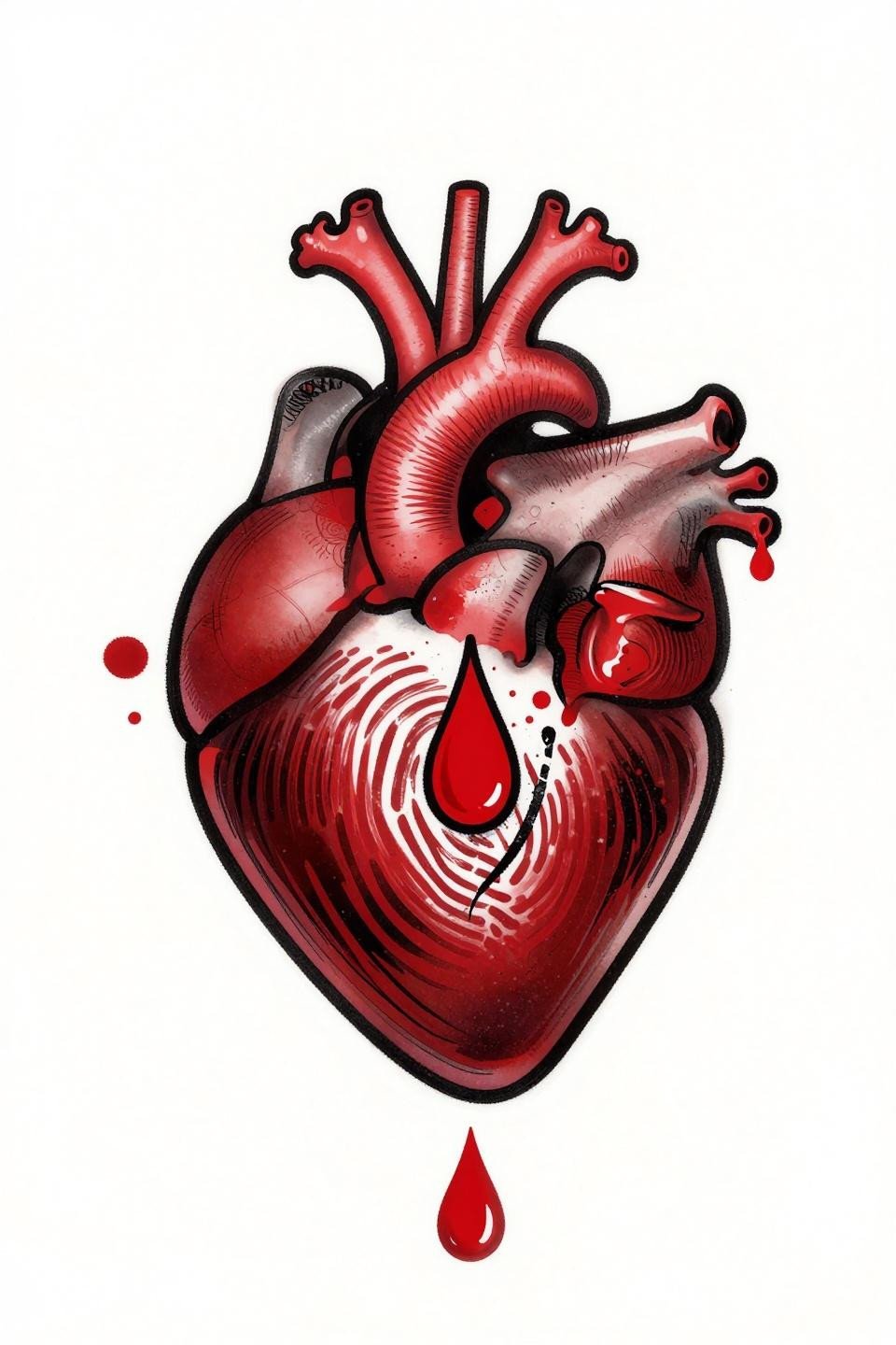 corazon tattoo trash polka flash, bold 2-3pt black outlines, flat crimson red fills, fingerprint whorl left ventricle, brushstroke splatter marks