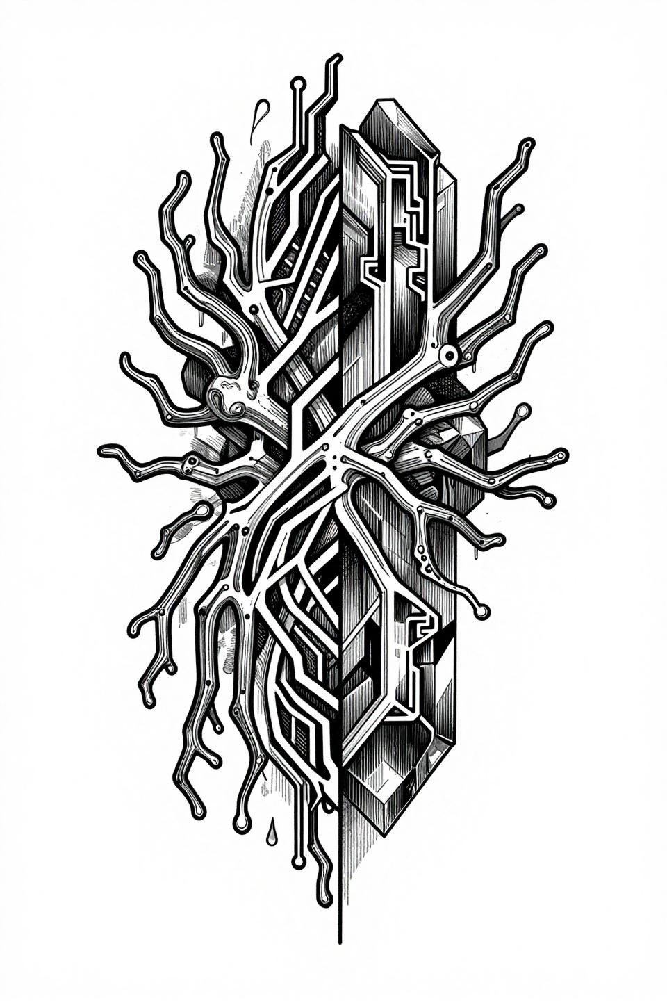 cybersigilism tattoo design biomechanical flash, vertical split-axis organic nerve-circuit left half, crystalline data-matrix right half, parallel line shading 2-3pt outlines