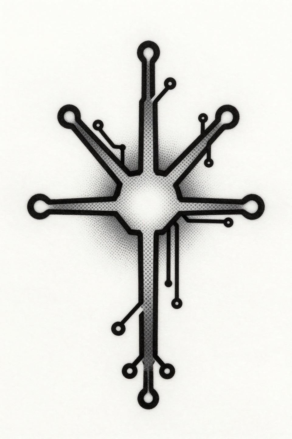 cyberligism tattoo blackwork flash, vertical spine bilateral data-stream arms, circuit-board void grid, 2pt outlines dotwork 80-percent interior density black ink