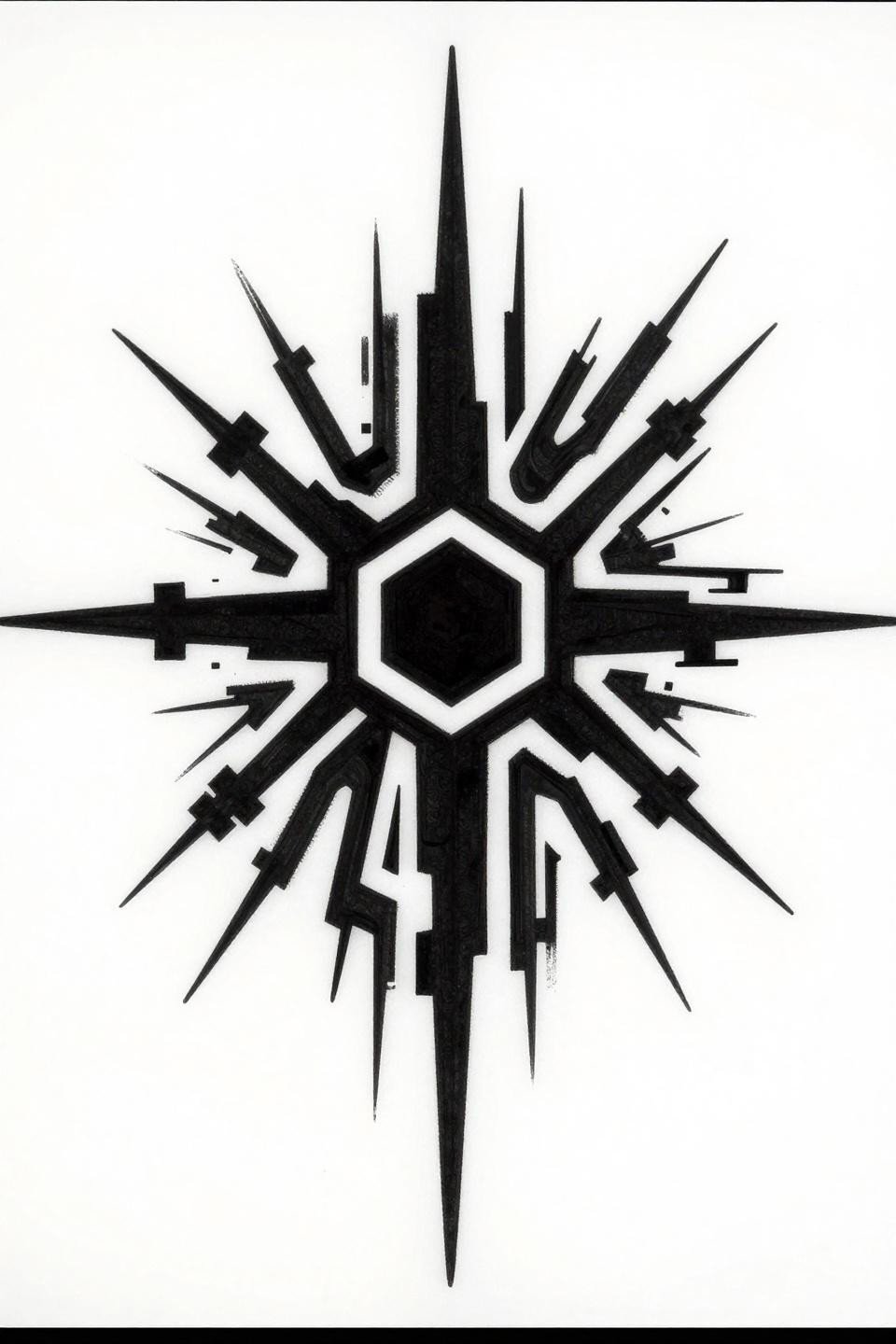 gothic tattoo cybersigilism blackwork geometric flash, corrupted hexagonal core, bold tribal arms solid fills, hard-edge negative space carving horizontal-dynamic composition