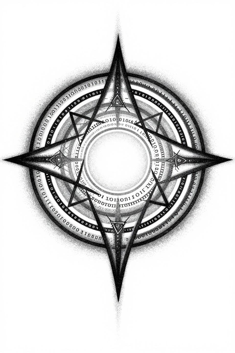 small cybersigilism tattoo blackwork stipple flash, recursive nested concentric rings, sacred geometry triangles Fibonacci spiral, stipple gradient maximum core density dissolving to open white