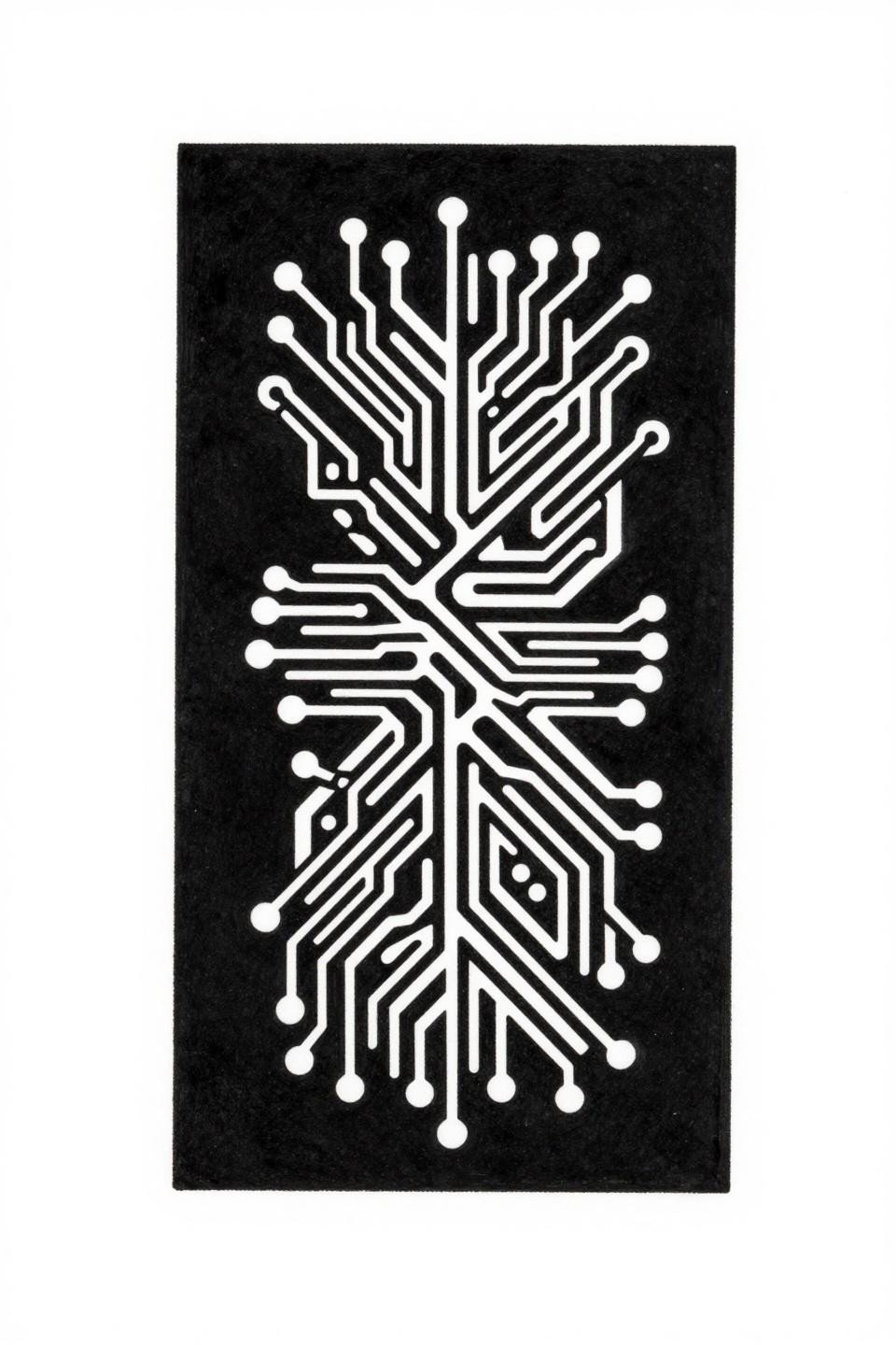 cybersigilism tattoo men blackwork void carving flash, dense black rectangular field, vertical sigil carved from white negative space, circuit rune geometry hard-edge binary contrast