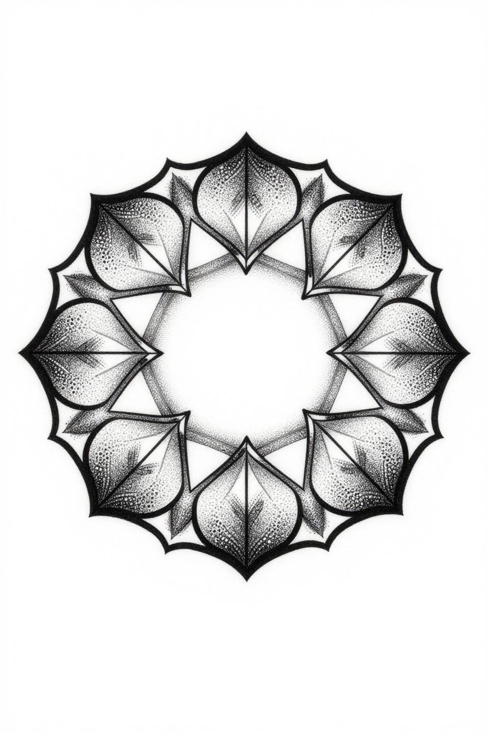 cybersigil tattoo dotwork mandala flash, 8-point crystal facet radial symmetry, stipple gradient 40-95% dot density, 2pt circular outer frame black ink