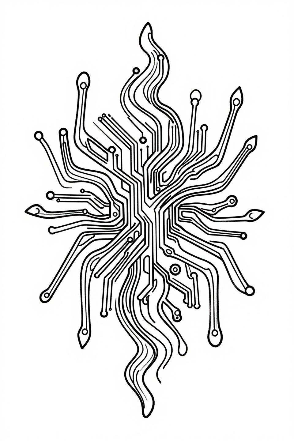 cybersigilism tattoo fine line sigil flash, single continuous 1RL hairline spiral, asymmetric tapering arms, circuit-node geometry via negative space only