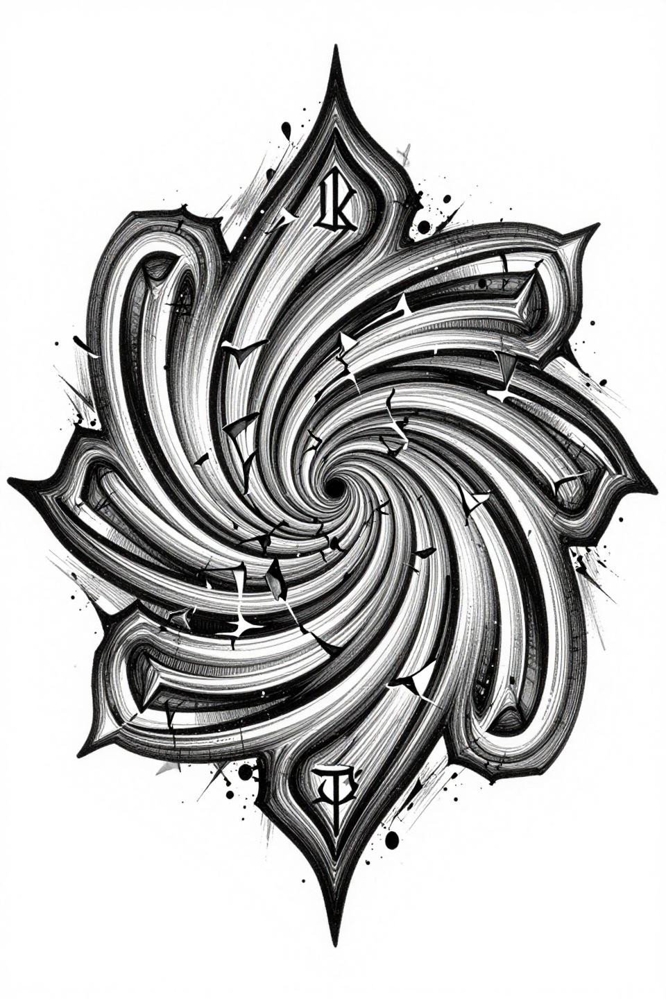cybersigilism tattoo sleeve fractal sigil flash, spiral vortex core, parallel-line shading density toward center, glitch-break hard interruptions at decay terminals