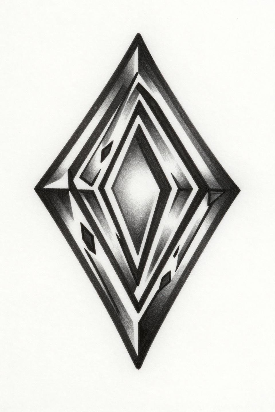 cyberpunk tattoo geometric cybersigilism flash, vertical diamond frame, crystalline void-shard interior, angular data-shard terminals, bold 2-3pt outlines flat black fill