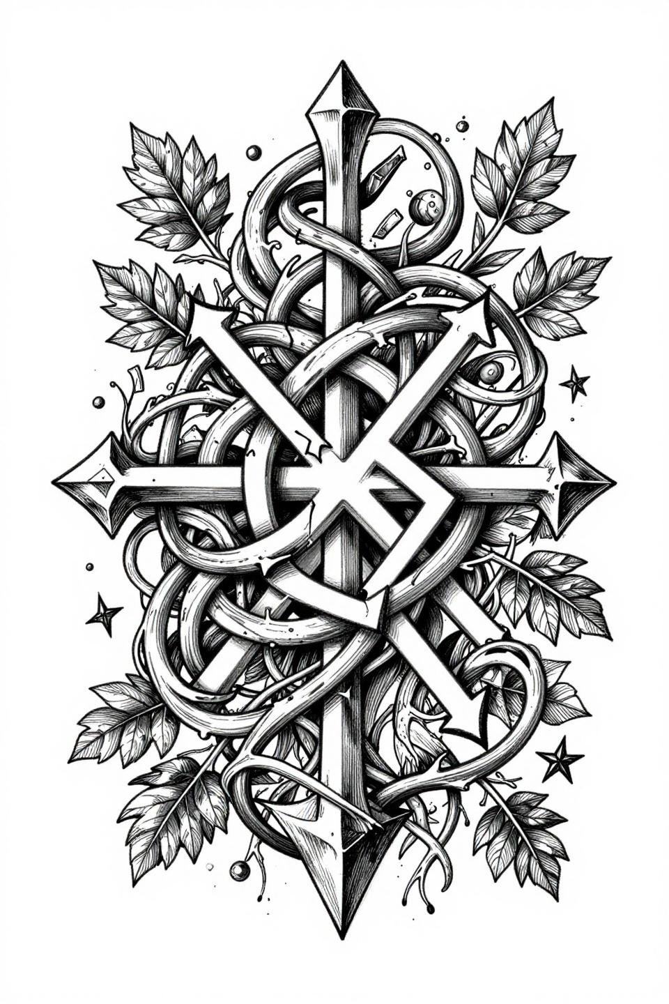 small cybersigilism tattoo neo-traditional flash, angular rune terminals, botanical vine networks threading geometric void spaces, brush-stroke and bold outline black ink