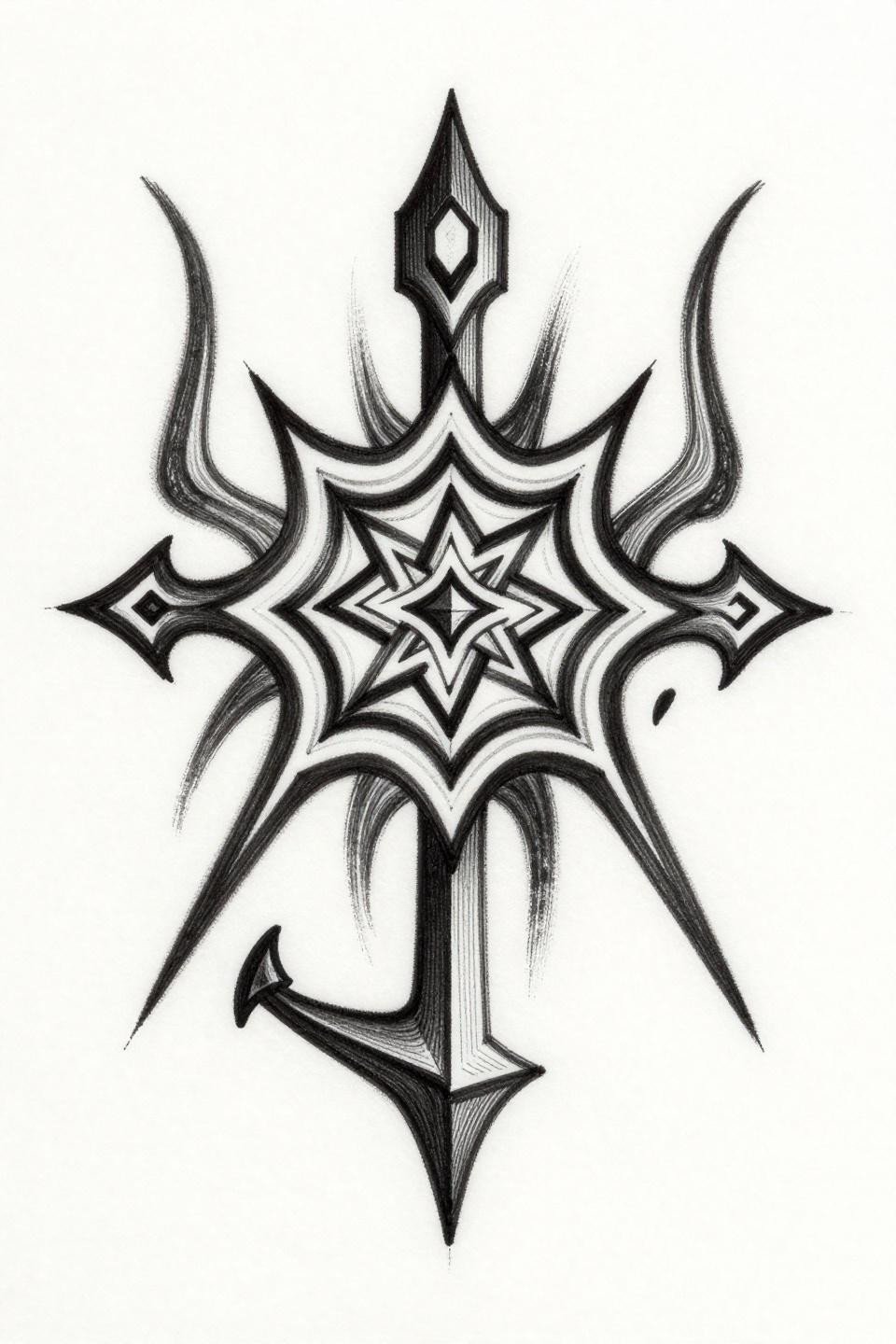 cybersigilism neotribal tattoo design flash, angular geometric sigil core, variable-weight organic tribal arms wrapping inward, bold and brush-stroke black ink only
