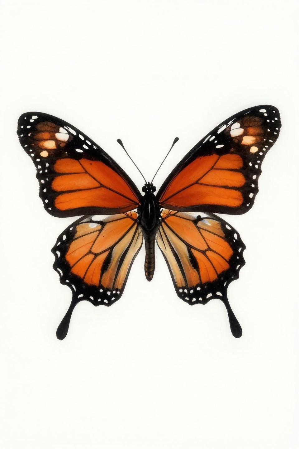 elegant butterfly tattoo neo-traditional monarch flash, bold 2-3pt outlines, flat cadmium orange and black mosaic wing cells, fine vein tracery, white forewing tip spots