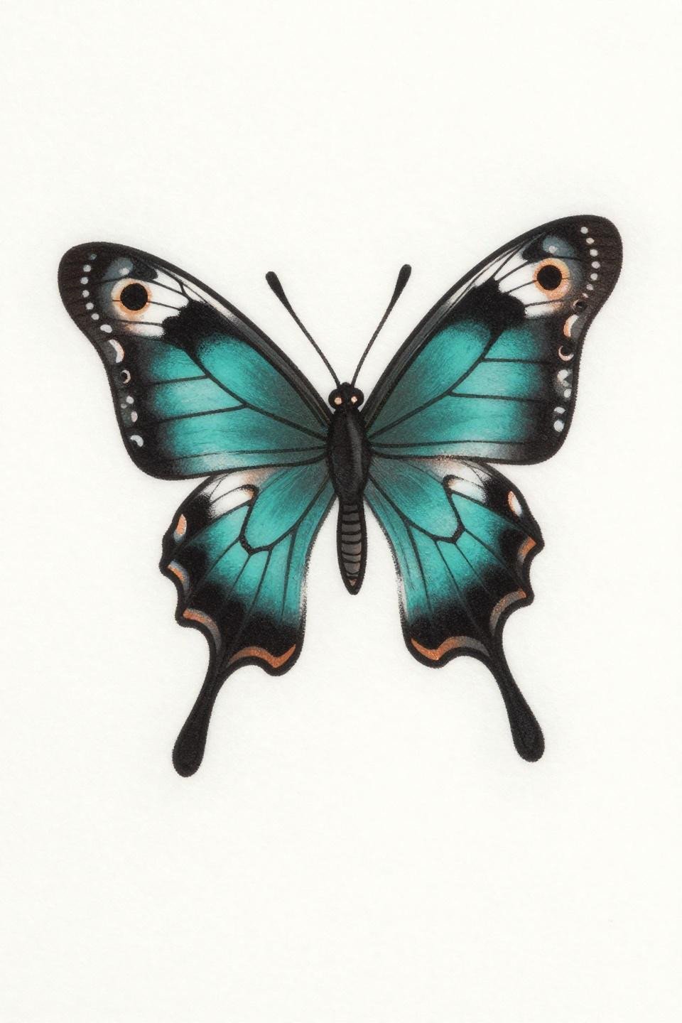 elegant butterfly tattoo traditional American flash, swallowtail ventral view, bold 2-3pt outlines, flat deep teal and copper fills, eyespot hindwing detail