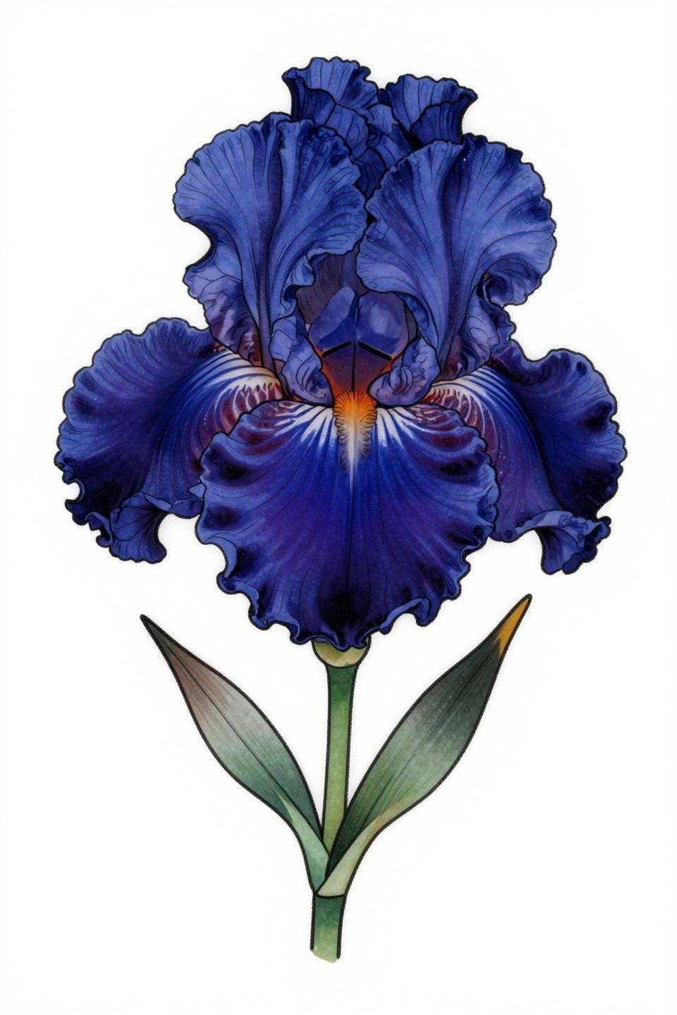 elegant flower tattoo Japanese irezumi iris flash, bold 2-3pt black outlines, flat deep indigo petals, crimson accent marks, fine petal vein tracery